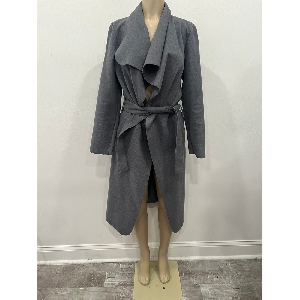 Missguided Coat Gray Waterfall Drape Wrap Belted Trench Coat Womens SZ 4 Midi